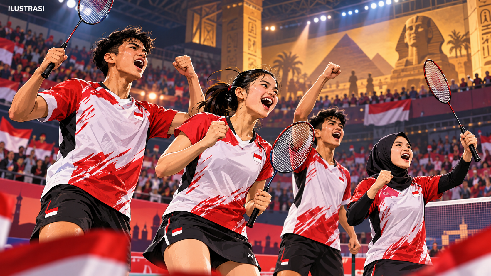 Ilustrasi tim bulu tangkis junior Indonesia merayakan tiket semifinal; bukan dokumentasi pertandingan.